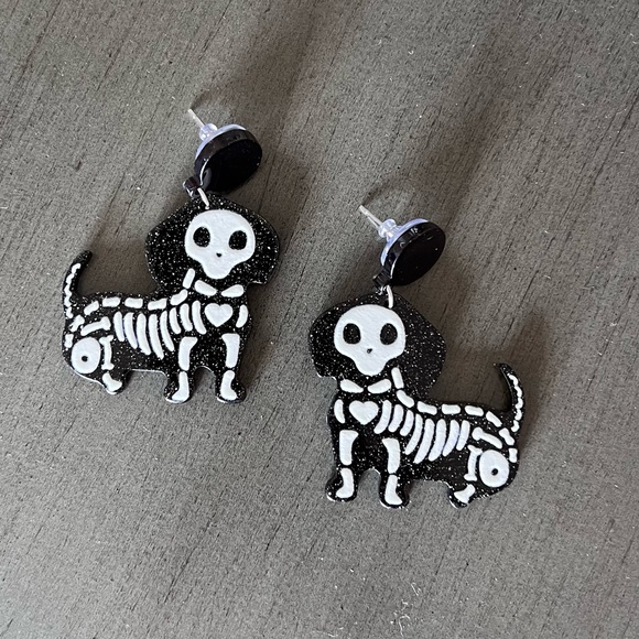 High Heels on the High Road Jewelry - Black Glitter Dog Day of Dead Halloween Lightweight Acrylic 2” Earrings Mexico